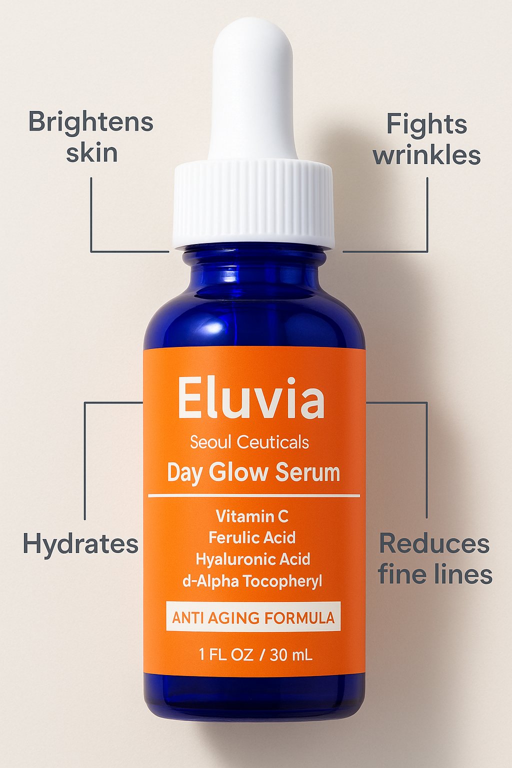 Eluvia Day Glow Serum bottle with dropper on a beige background